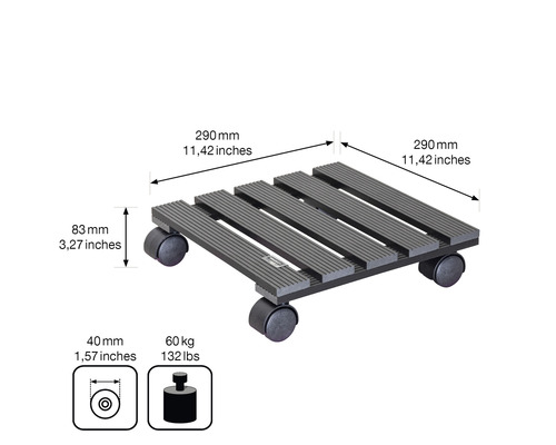 Plantenroller met afmetingen van 290 x 290 mm en een maximaal draagvermogen van 60 kg.