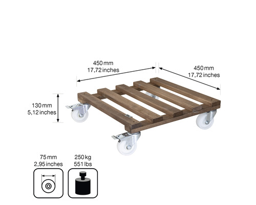 Plantenroller van hout, 450x450 millimeter, met wielen