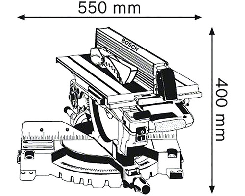 Bosch verstekzaag met afmetingen 550 mm breedte en 400 mm hoogte.
