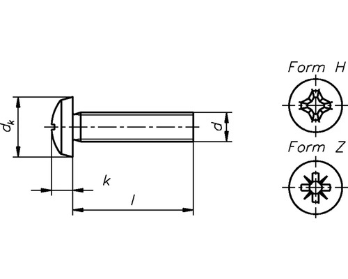 Technische tekening van een schroef met afmetingen en kopvarianten