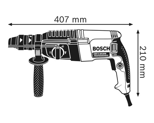 Afbeelding van de boorhamer met de afmetingen 407 mm lengte en 210 mm hoogte.