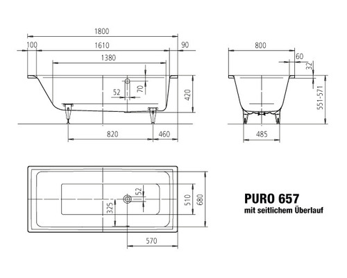 Technische tekening van een bad met zijdelingse overloop en maatvoering