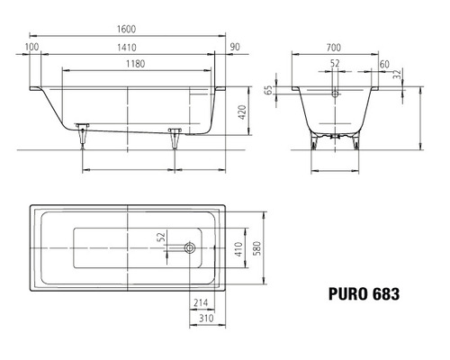 Technische tekening van een Puro 683 bad met afmetingen