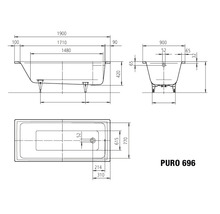 Technische tekening van ligbad Puro 696 met maatvoering