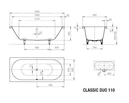 Technische tekening van het Classic Duo 110 bad met maatvoering