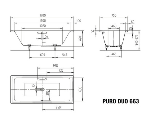 Technische tekening van het Puro Duo 663 ligbad met afmetingen