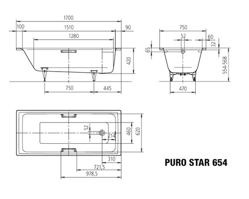 Technische tekening van ligbad Puro Star 654 met maataanduidingen