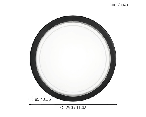 Ronde plafondlamp met afmetingen 290 millimeter diameter en 85 millimeter hoogte.