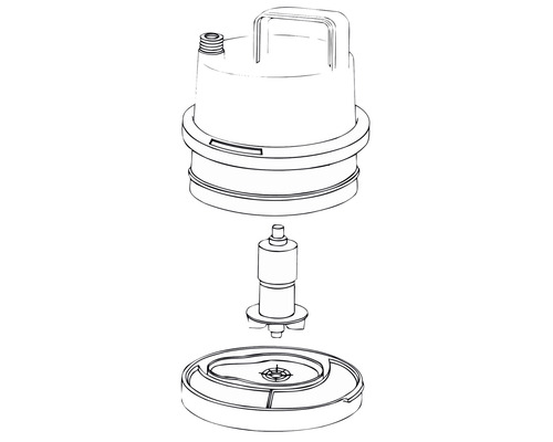 Explosietekening van een dompelpomp met behuizing, motor en pomppoot