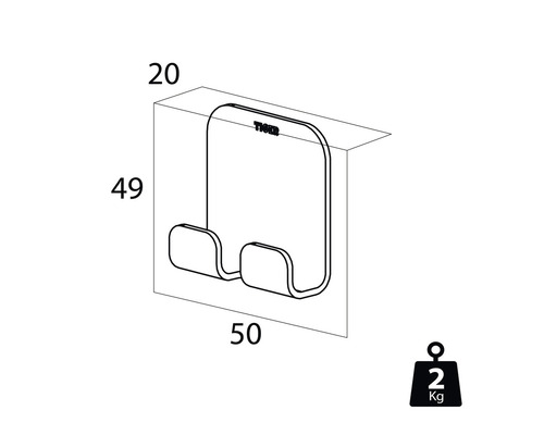 Tiger Logo, dubbele kledinghaak met maataanduidingen en een draagvermogen van twee kilogram.