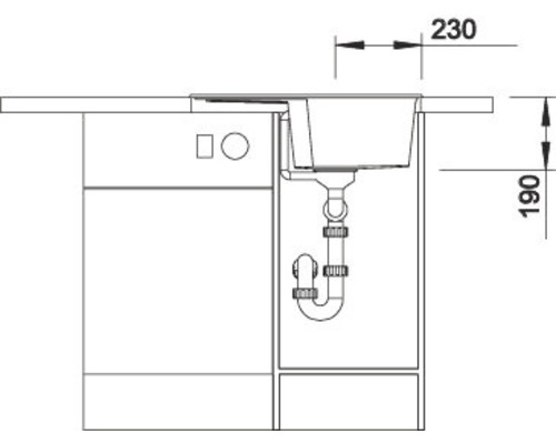 Tekening van een spoelbak met onderkast en afmetingen