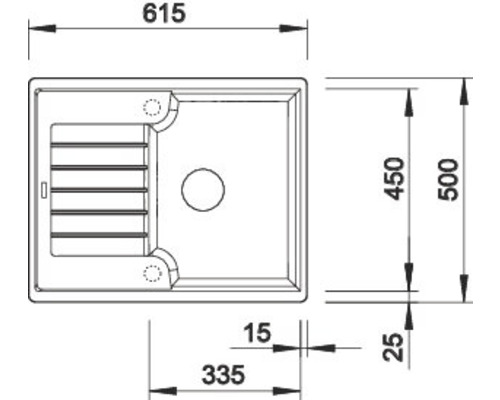Technische tekening van een spoelbak met maatvoering