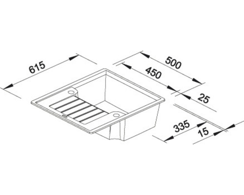 Technische tekening van een gootsteen met afmetingen