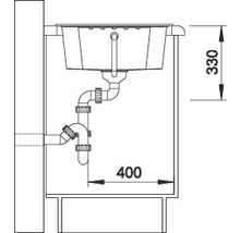 Schets van een wastafel met afmetingen 330 en 400