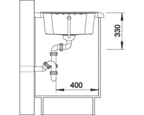 Schets van een wastafel met afmetingen 330 en 400
