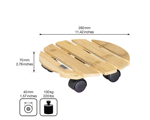 Rolonderzetter van bamboe met afmetingen 290 x 70 mm en een draagvermogen van 100 kg