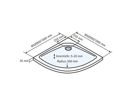 Afmetingen van een douchebak met een binnendiepte van 5 tot 20 millimeter en een radius van 550 millimeter