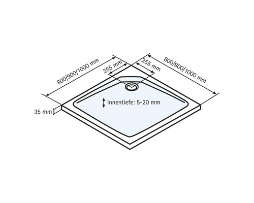 Technische tekening van een douchebak met afmetingen