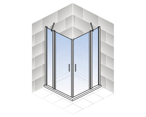 Hoekdouche met glazen deuren in een badkameromgeving