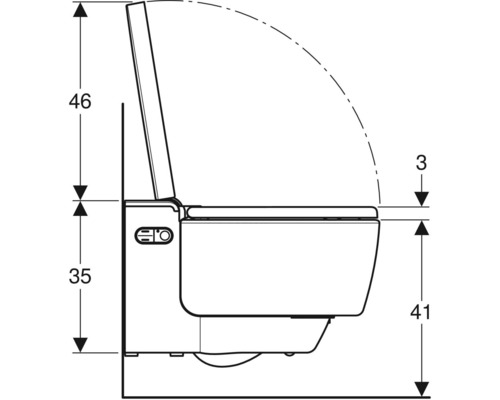 Technische tekening van een wandcloset met bidetfunctie en de bijbehorende maataanduidingen