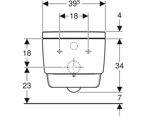Technische tekening van een wandcloset met afmetingen