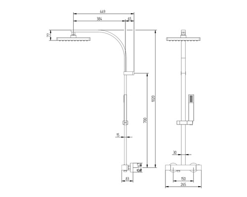 Technische tekening van een douchearmatuur met afmetingen