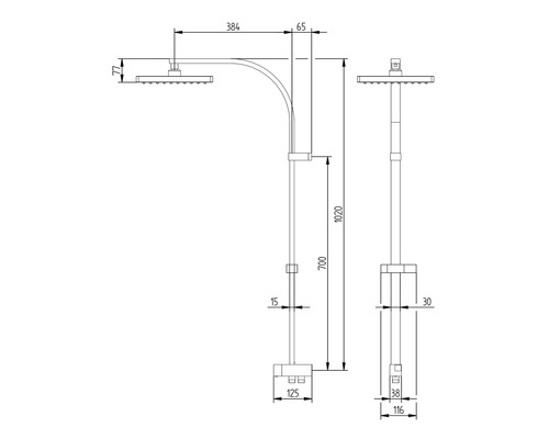 Technische tekening van een douchezuil met afmetingen