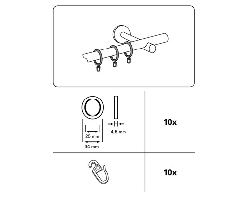 Gordijnroederingen met clip, 10 stuks