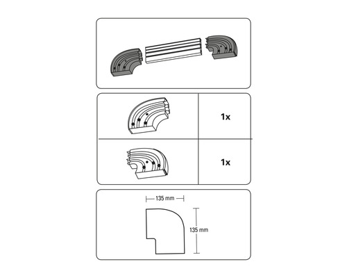 Installatie-instructies voor hoekstuk met afmetingen 135 mm x 135 mm