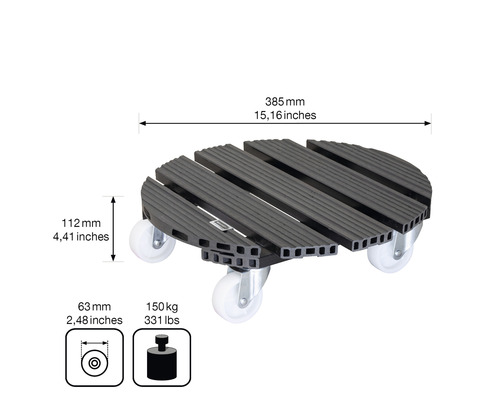 Plantenroller van kunststof met wielen, diameter 385 millimeter, draagvermogen 150 kilogram