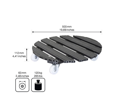 Plantenroller van kunststof met wielen en afmetingen