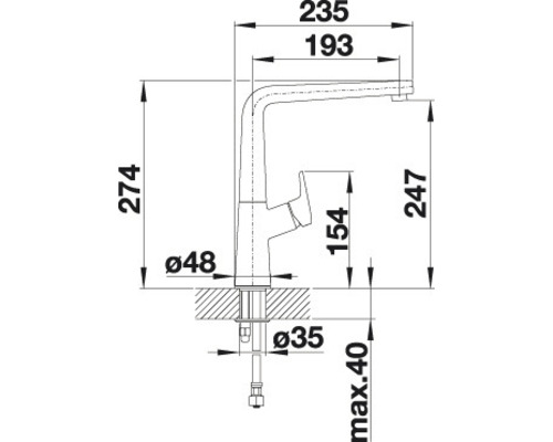 Technische tekening van een keukenkraan met afmetingen