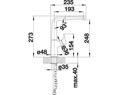 Technische tekening van een keukenkraan met afmetingen