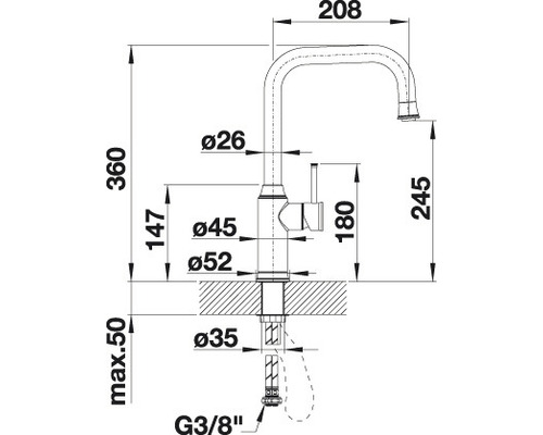 Maattekening van een keukenkraan met afmetingen van 360, 208 en 245 millimeter
