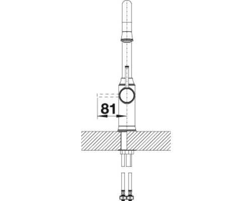 Technische tekening van een wastafelkraan met maataanduiding 81 millimeter