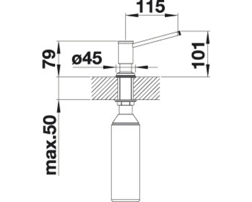 Technische tekening van een zeepdispenser met afmetingen