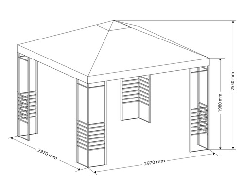 Tekening van een tuinpaviljoen met de afmetingen 2970 millimeter maal 2970 millimeter en een hoogte van 2550 millimeter.