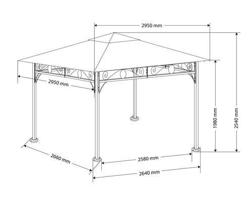 Technische tekening van een tuinpaviljoen met afmetingen.