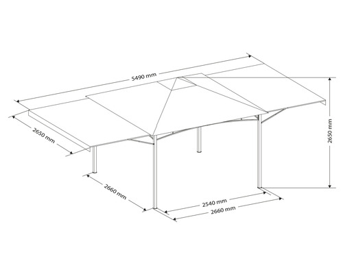 Technische tekening van een paviljoen met maatvoering.