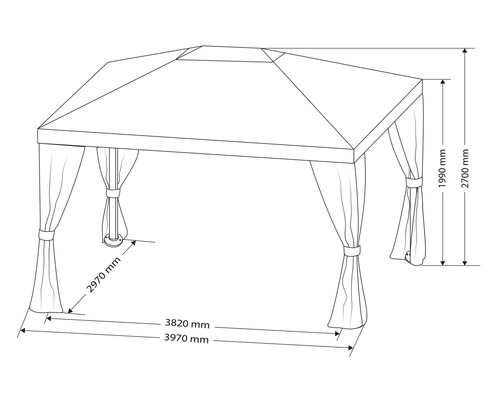 Technische tekening van een tuinpaviljoen met afmetingen