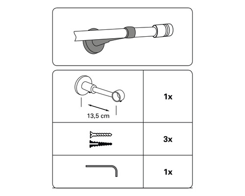 Bestanddelen gordijnroedehouder: houder, drie schroeven, een stiftsleutel
