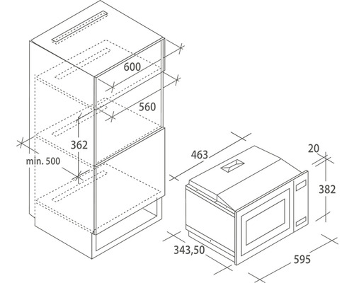 Technische tekening van een inbouwframe met maatvoering