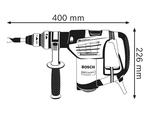 Afbeelding van een boorhamer met afmetingen van 400 mm lengte en 226 mm hoogte