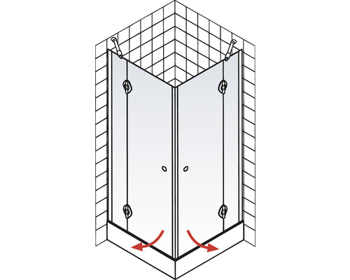 Hoekdouche met twee deuren en waterafvoer op de vloer