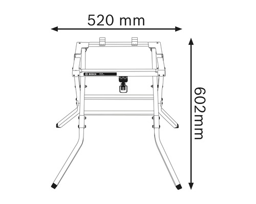 Tekening van een werktafel met de afmetingen 520 mm breed en 602 mm hoog