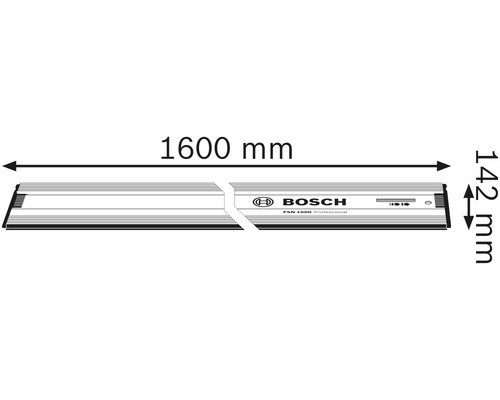 Bosch FSN 1600 Professional geleiderail met afmetingen 1600 mm x 142 mm.