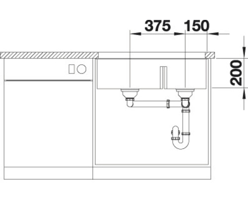 Technische tekening van een spoelbak met afmetingen