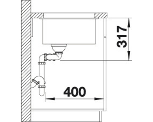 Schets van een spoelbak met afmetingen