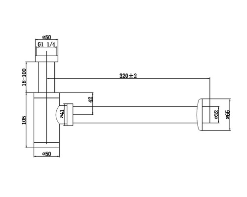 Technische tekening van een sifon met maatvoering