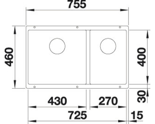 Technische tekening van een spoelbak met afmetingen.